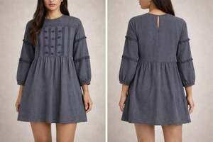 Zara TRF Collection Gray Relaxed Fit Dress with PomPom and Pintuck Details Sz S